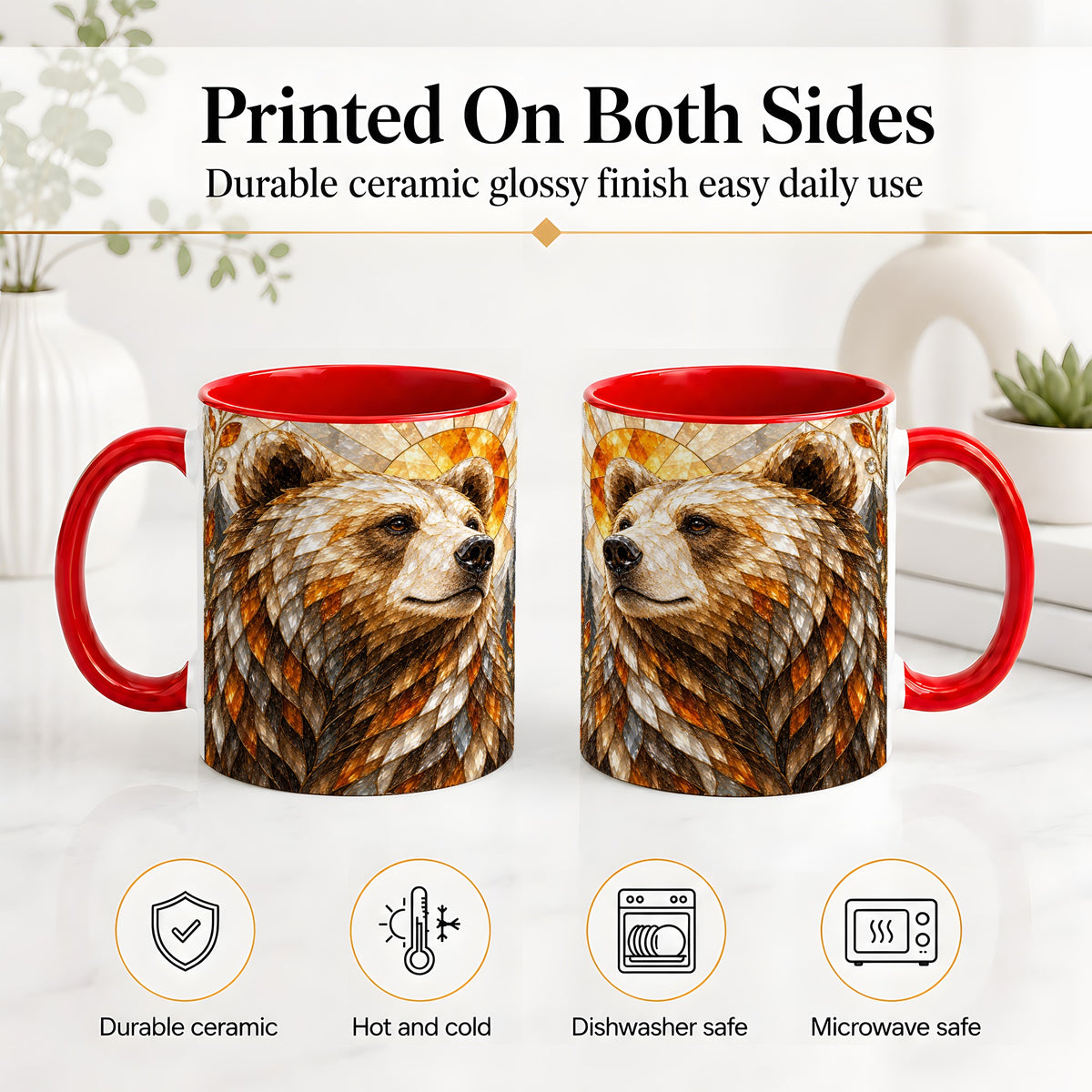 #pl[11oz|Red] Autumn Bear Ceramic Mug with Stained Glass Style Forest Artwork