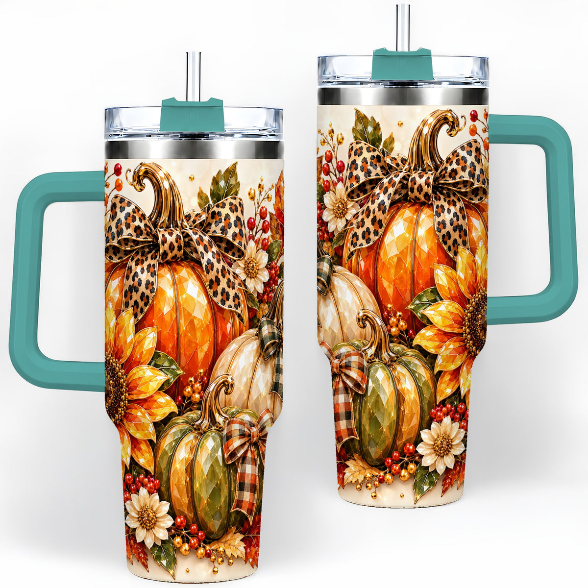 #pl[40oz|Green] Fall Pumpkin Bow 40oz Tumbler, Sunflower Harvest Artwork