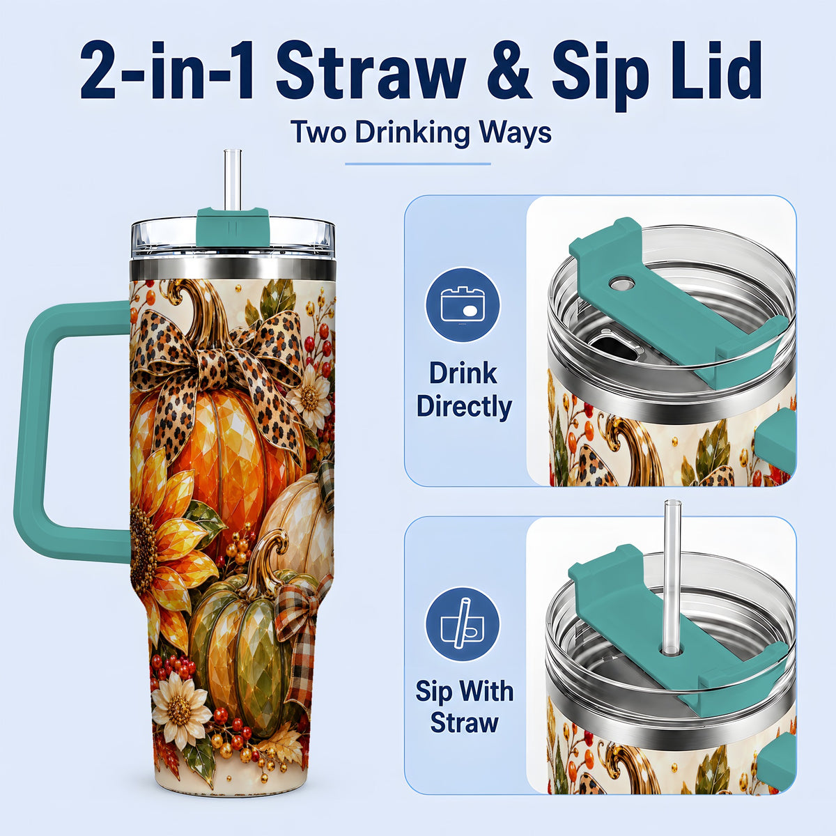 #pl[40oz|Green] Fall Pumpkin Bow 40oz Tumbler, Sunflower Harvest Artwork