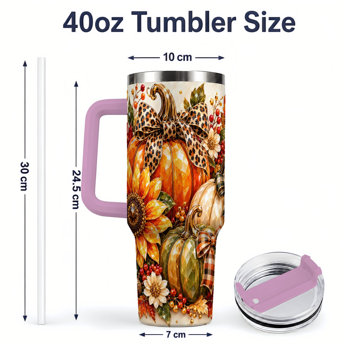 #pl[40oz|Pink] Fall Pumpkin Bow 40oz Tumbler, Sunflower Harvest Artwork