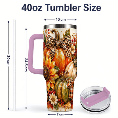 #pl[40oz|Pink] Fall Pumpkin Bow 40oz Tumbler, Sunflower Harvest Artwork