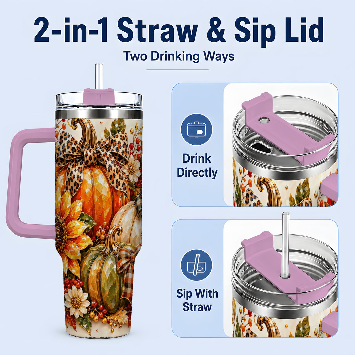 #pl[40oz|Pink] Fall Pumpkin Bow 40oz Tumbler, Sunflower Harvest Artwork