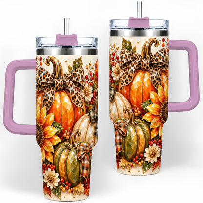 #pl[40oz|Pink] Fall Pumpkin Bow 40oz Tumbler, Sunflower Harvest Artwork