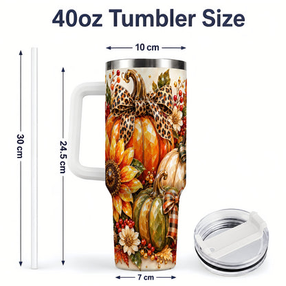 #pl[40oz|White] Fall Pumpkin Bow 40oz Tumbler, Sunflower Harvest Artwork