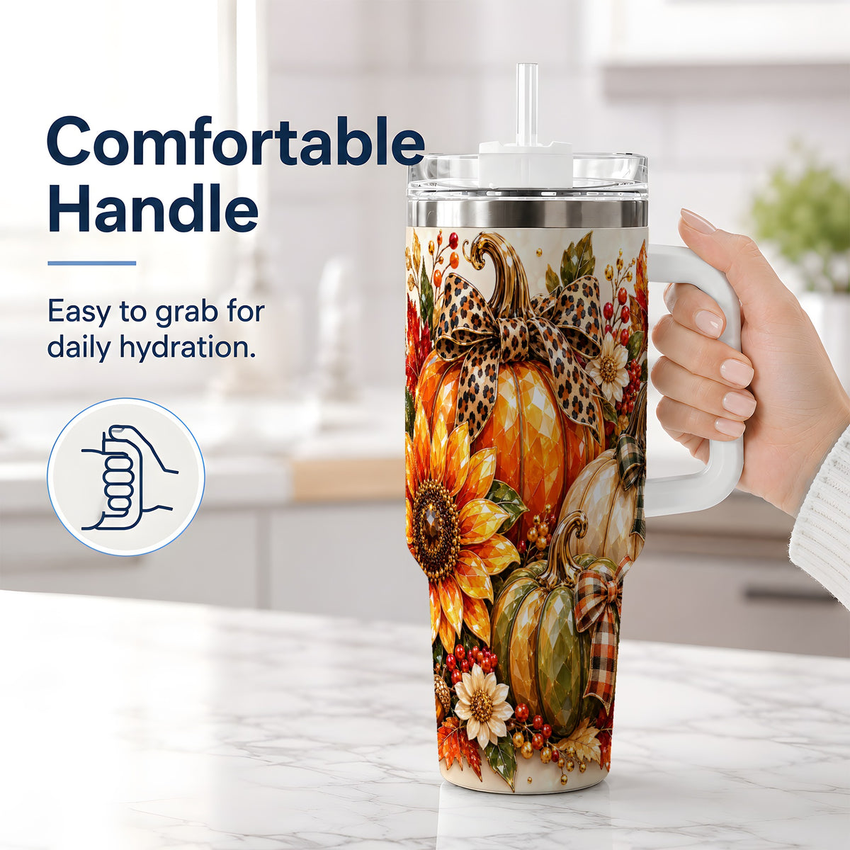 #pl[40oz|White] Fall Pumpkin Bow 40oz Tumbler, Sunflower Harvest Artwork