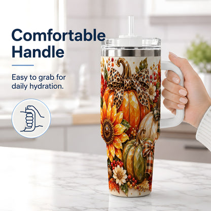 #pl[40oz|White] Fall Pumpkin Bow 40oz Tumbler, Sunflower Harvest Artwork