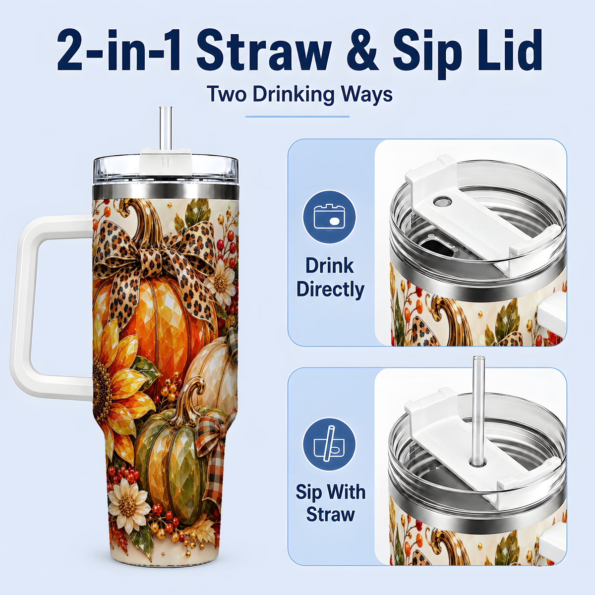 #pl[40oz|White] Fall Pumpkin Bow 40oz Tumbler, Sunflower Harvest Artwork