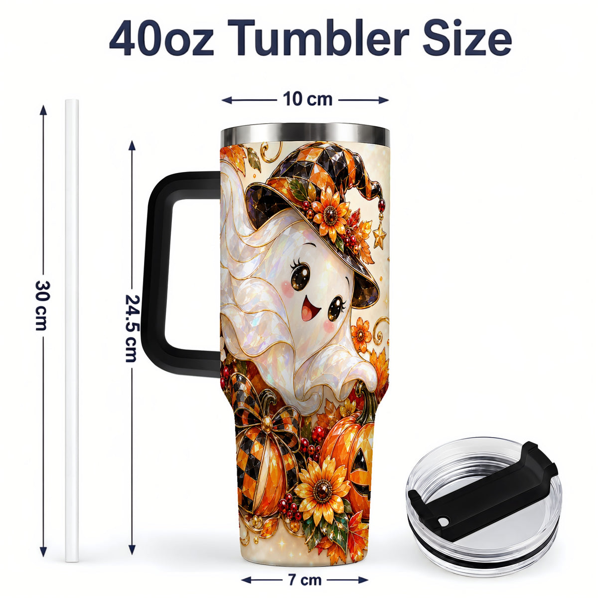 #pl[40oz|Black] Cute Halloween Ghost 40oz Tumbler, Witch Hat Pumpkin Artwork