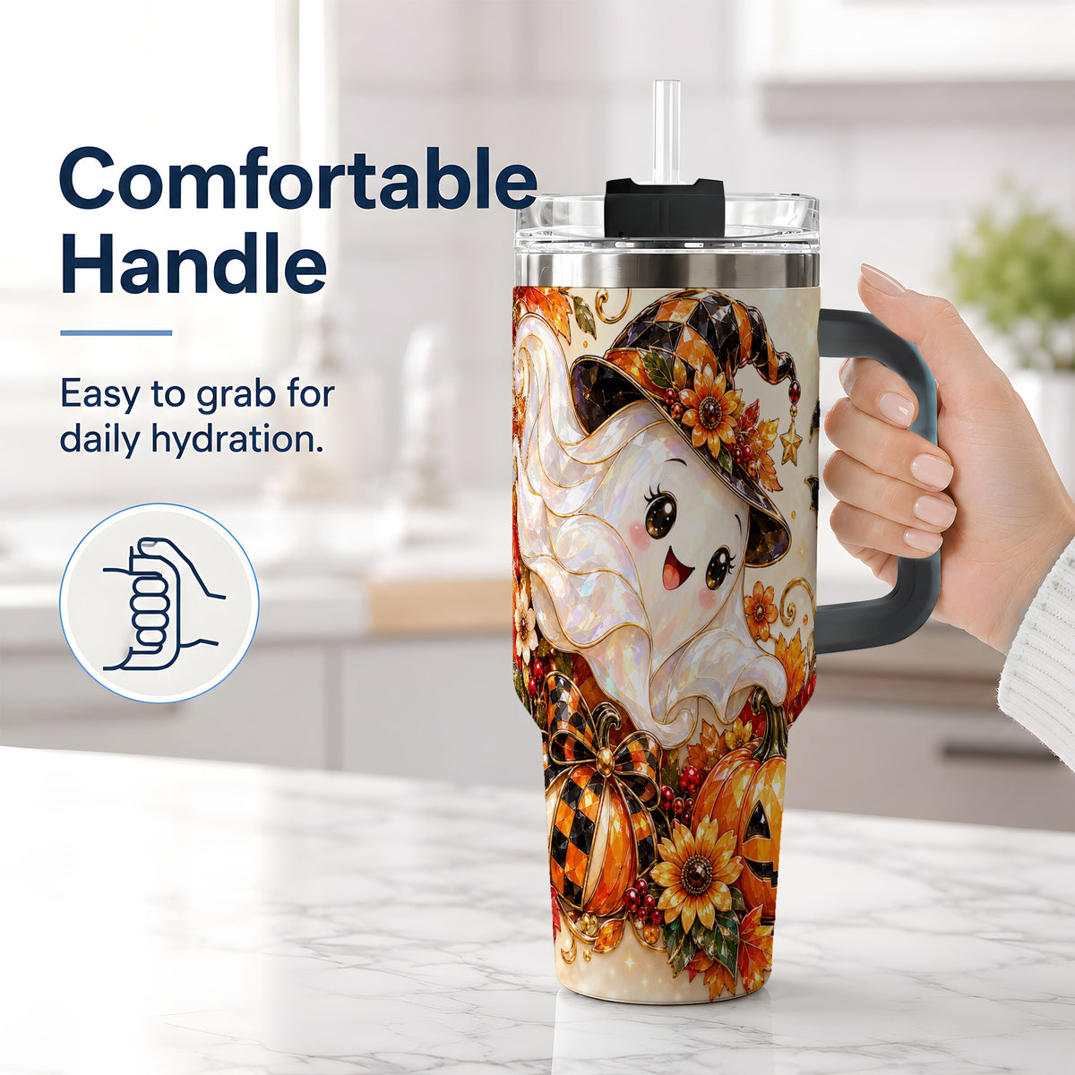 #pl[40oz|Black] Cute Halloween Ghost 40oz Tumbler, Witch Hat Pumpkin Artwork