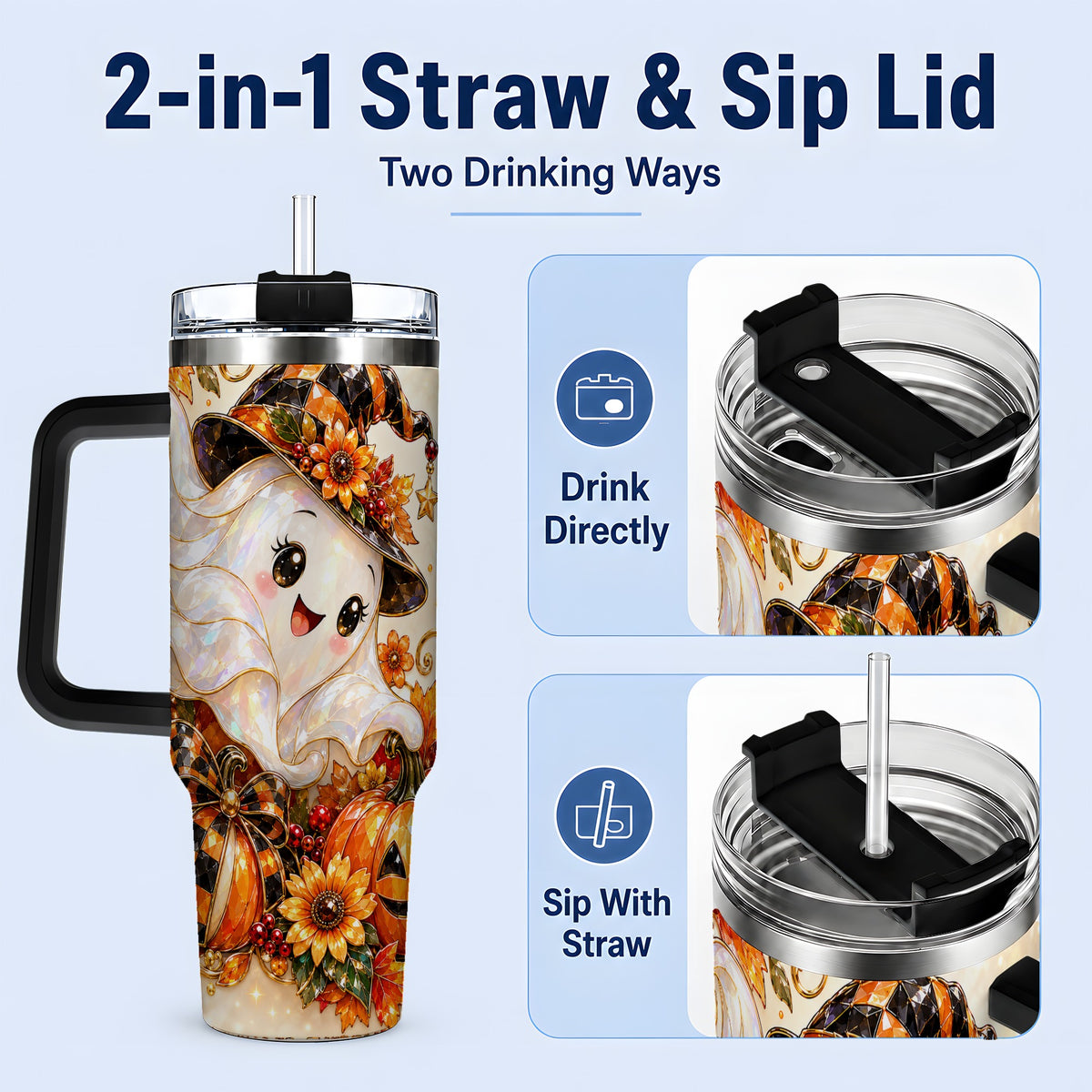 #pl[40oz|Black] Cute Halloween Ghost 40oz Tumbler, Witch Hat Pumpkin Artwork