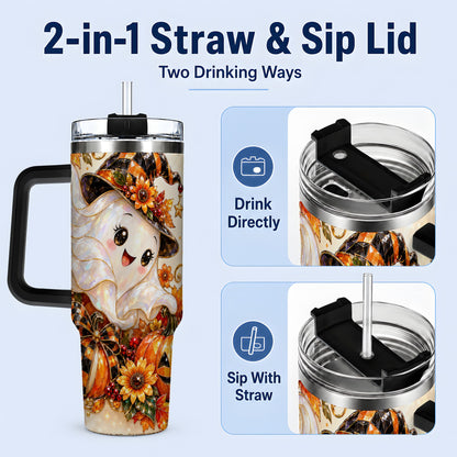 #pl[40oz|Black] Cute Halloween Ghost 40oz Tumbler, Witch Hat Pumpkin Artwork