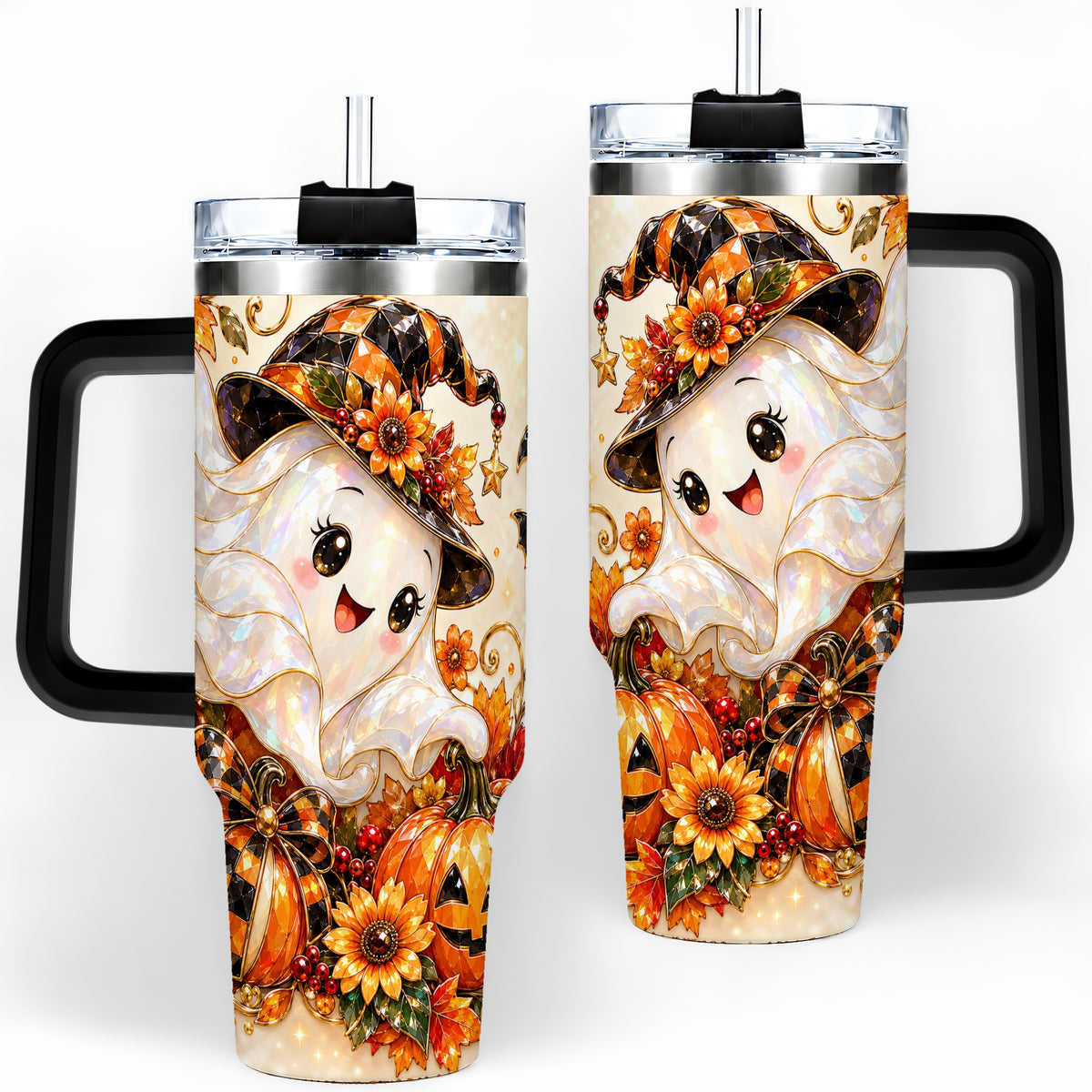 #pl[40oz|Black] Cute Halloween Ghost 40oz Tumbler, Witch Hat Pumpkin Artwork