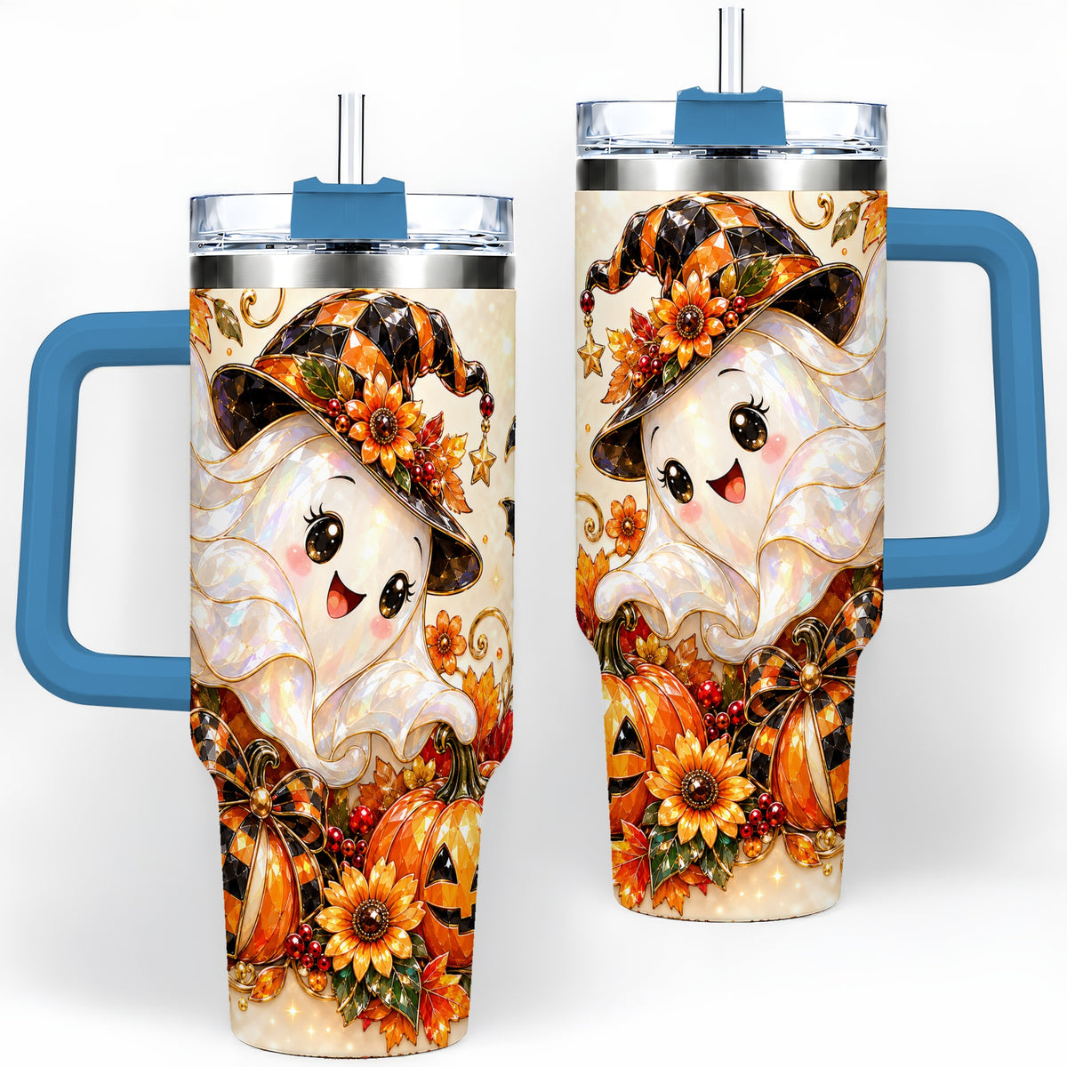 #pl[40oz|Blue] Cute Halloween Ghost 40oz Tumbler, Witch Hat Pumpkin Artwork