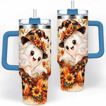 #pl[40oz|Blue] Cute Halloween Ghost 40oz Tumbler, Witch Hat Pumpkin Artwork