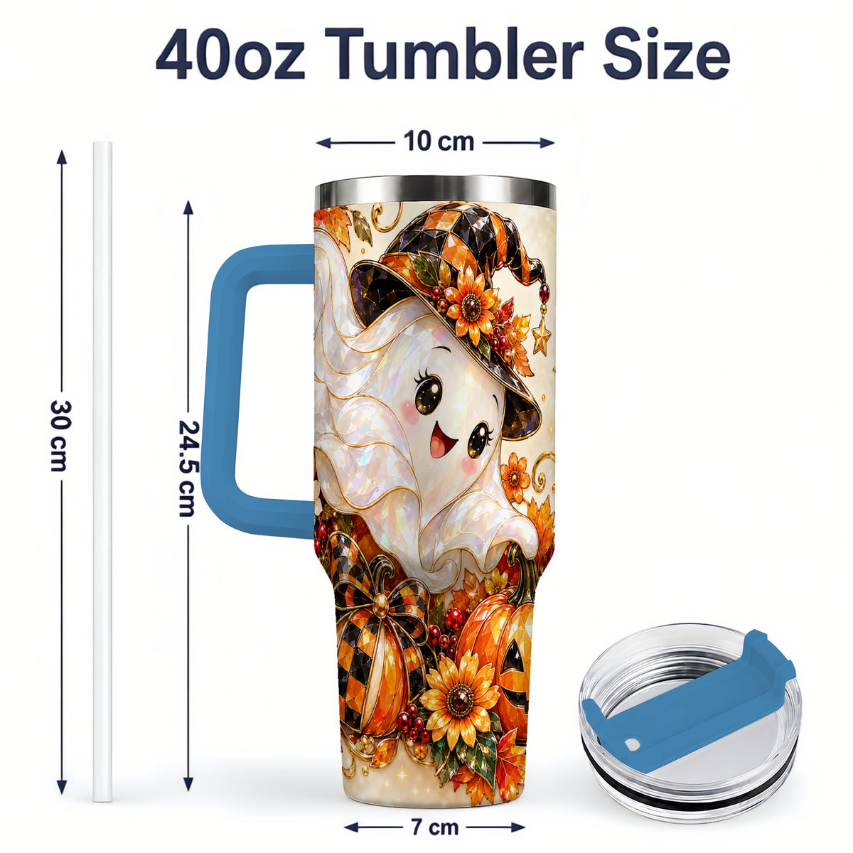 #pl[40oz|Blue] Cute Halloween Ghost 40oz Tumbler, Witch Hat Pumpkin Artwork