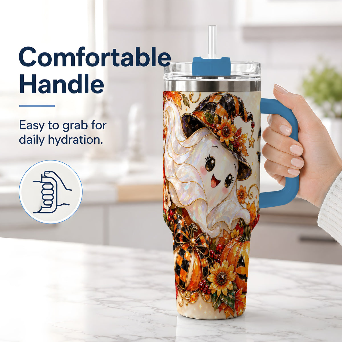 #pl[40oz|Blue] Cute Halloween Ghost 40oz Tumbler, Witch Hat Pumpkin Artwork