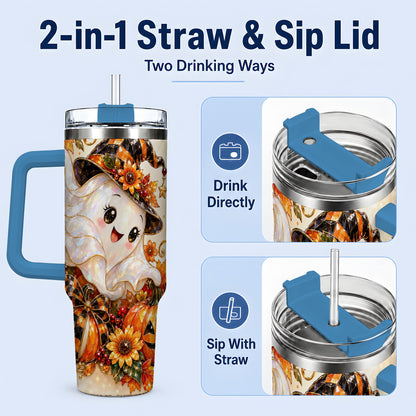 #pl[40oz|Blue] Cute Halloween Ghost 40oz Tumbler, Witch Hat Pumpkin Artwork