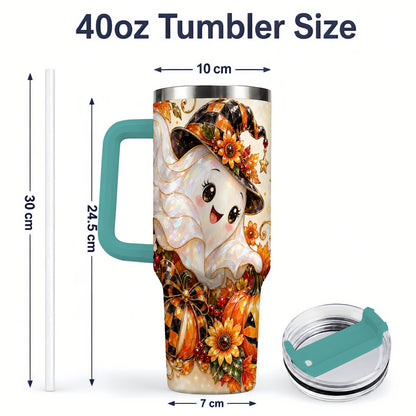 #pl[40oz|Green] Cute Halloween Ghost 40oz Tumbler, Witch Hat Pumpkin Artwork