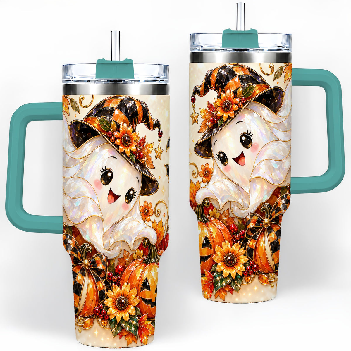 #pl[40oz|Green] Cute Halloween Ghost 40oz Tumbler, Witch Hat Pumpkin Artwork