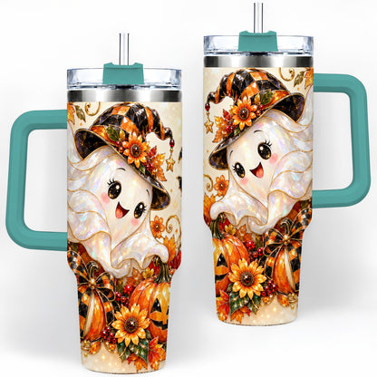#pl[40oz|Green] Cute Halloween Ghost 40oz Tumbler, Witch Hat Pumpkin Artwork