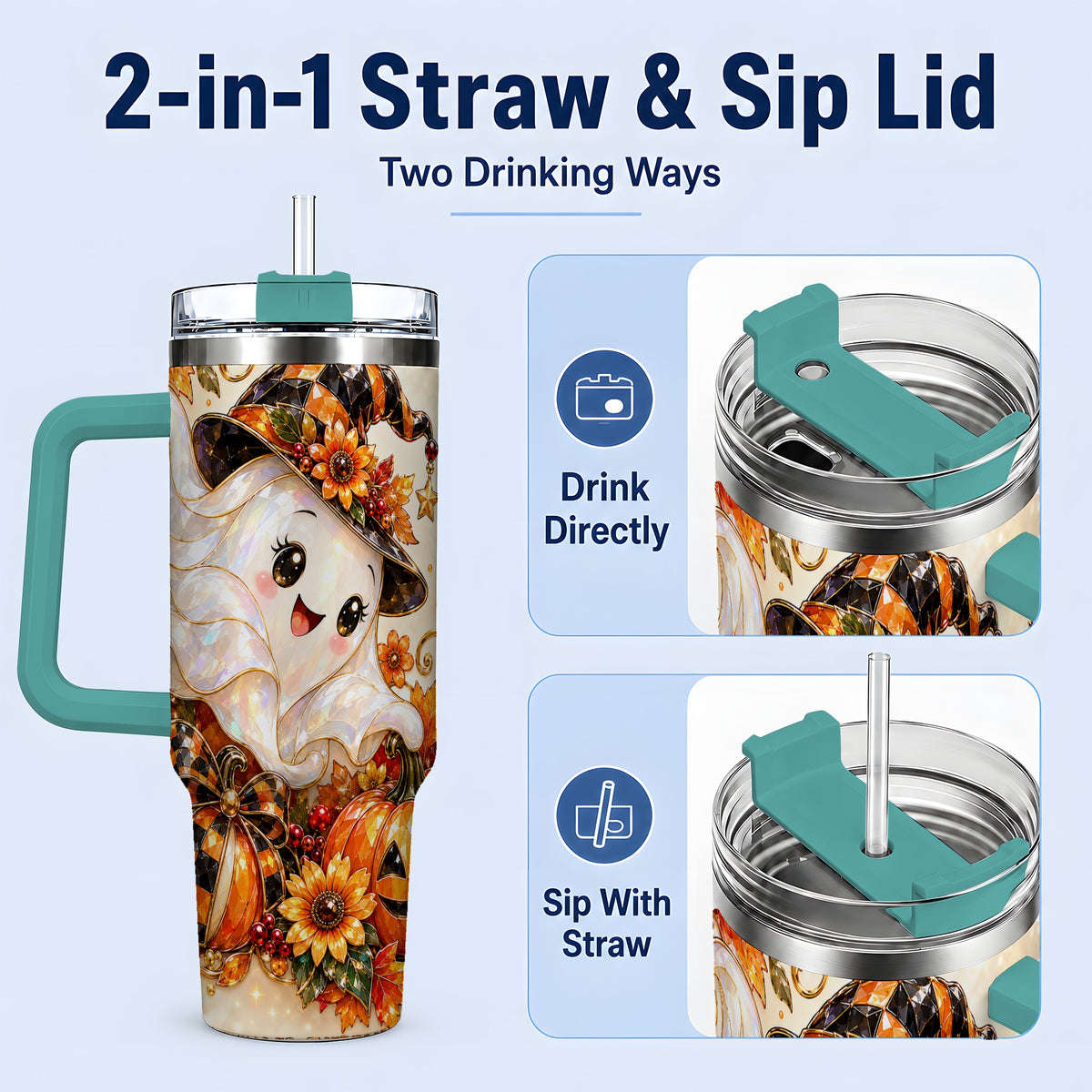 #pl[40oz|Green] Cute Halloween Ghost 40oz Tumbler, Witch Hat Pumpkin Artwork