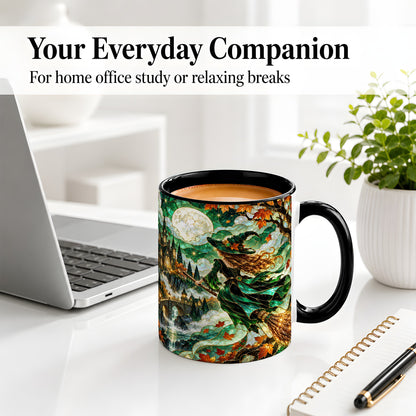 #pl[11oz|Black] Autumn Witch Ceramic Mug with Moon, Castle and Fall Leaf Artwork