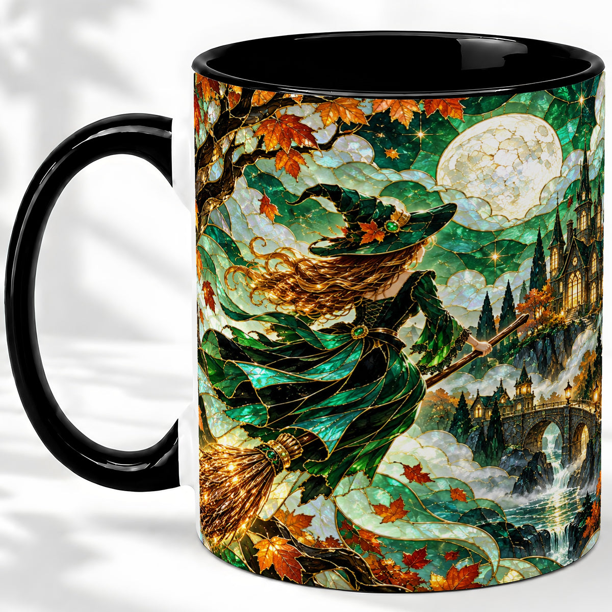 #pl[11oz|Black] Autumn Witch Ceramic Mug with Moon, Castle and Fall Leaf Artwork