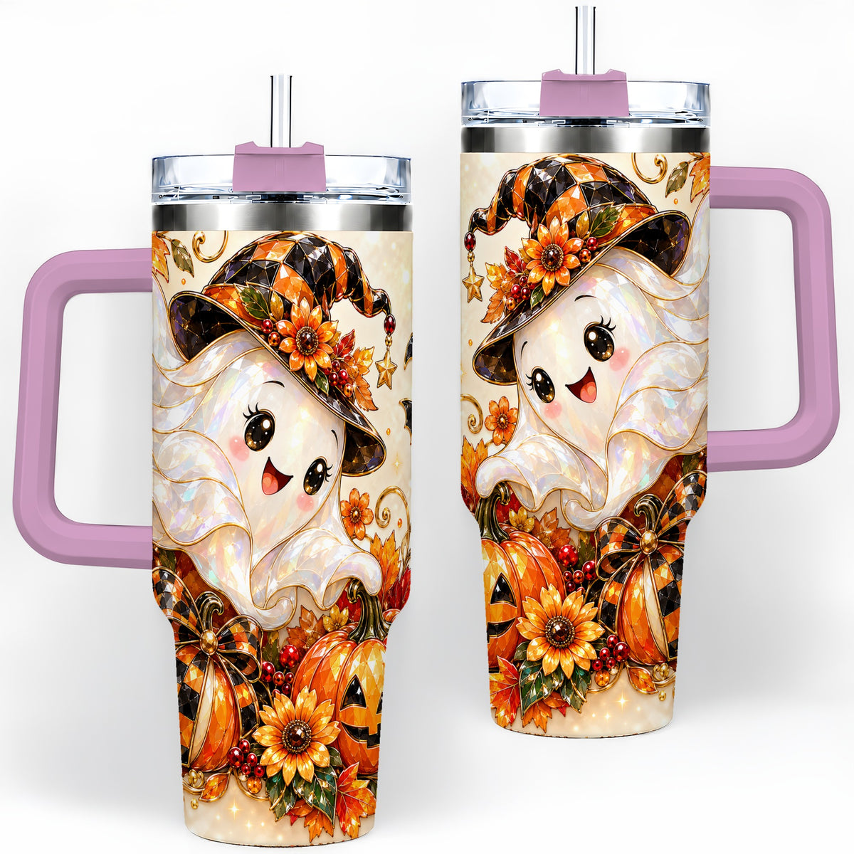 #pl[40oz|Pink] Cute Halloween Ghost 40oz Tumbler, Witch Hat Pumpkin Artwork