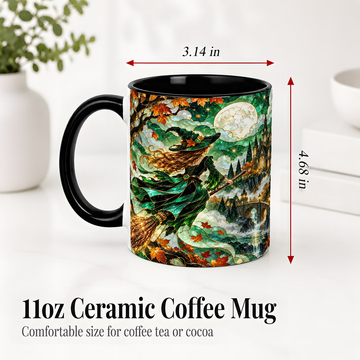 #pl[11oz|Black] Autumn Witch Ceramic Mug with Moon, Castle and Fall Leaf Artwork