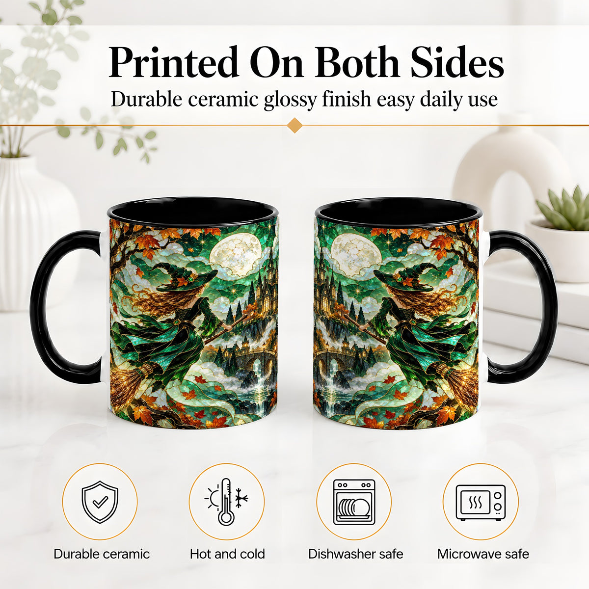 #pl[11oz|Black] Autumn Witch Ceramic Mug with Moon, Castle and Fall Leaf Artwork