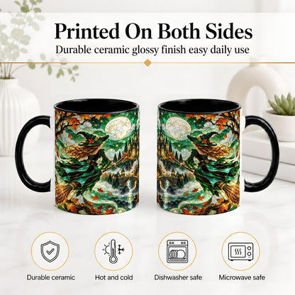 #pl[11oz|Black] Autumn Witch Ceramic Mug with Moon, Castle and Fall Leaf Artwork