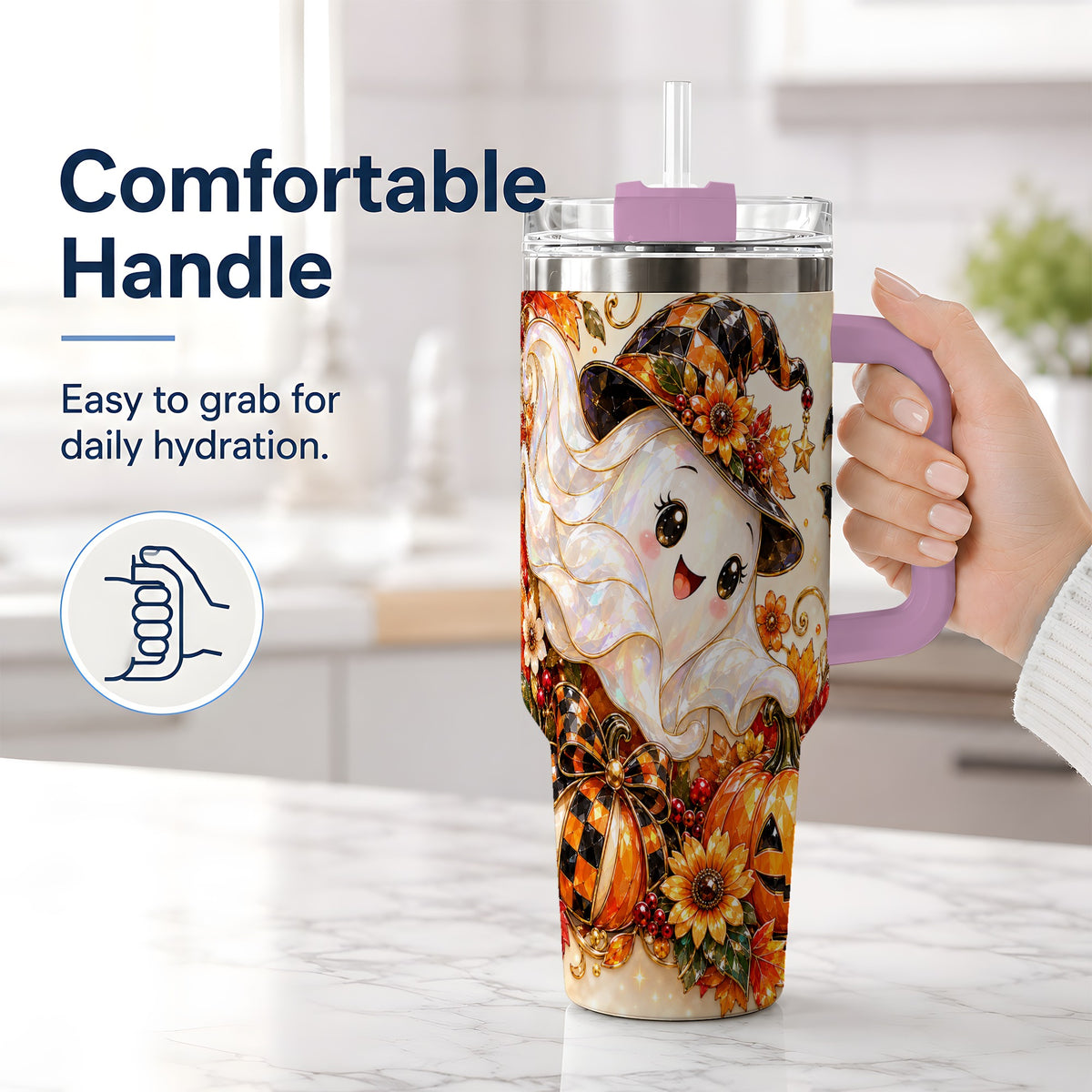 #pl[40oz|Pink] Cute Halloween Ghost 40oz Tumbler, Witch Hat Pumpkin Artwork