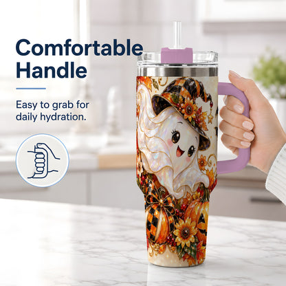 #pl[40oz|Pink] Cute Halloween Ghost 40oz Tumbler, Witch Hat Pumpkin Artwork