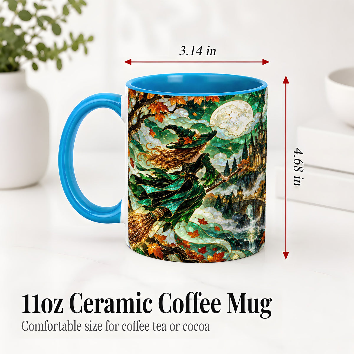 #pl[11oz|Blue] Autumn Witch Ceramic Mug with Moon, Castle and Fall Leaf Artwork