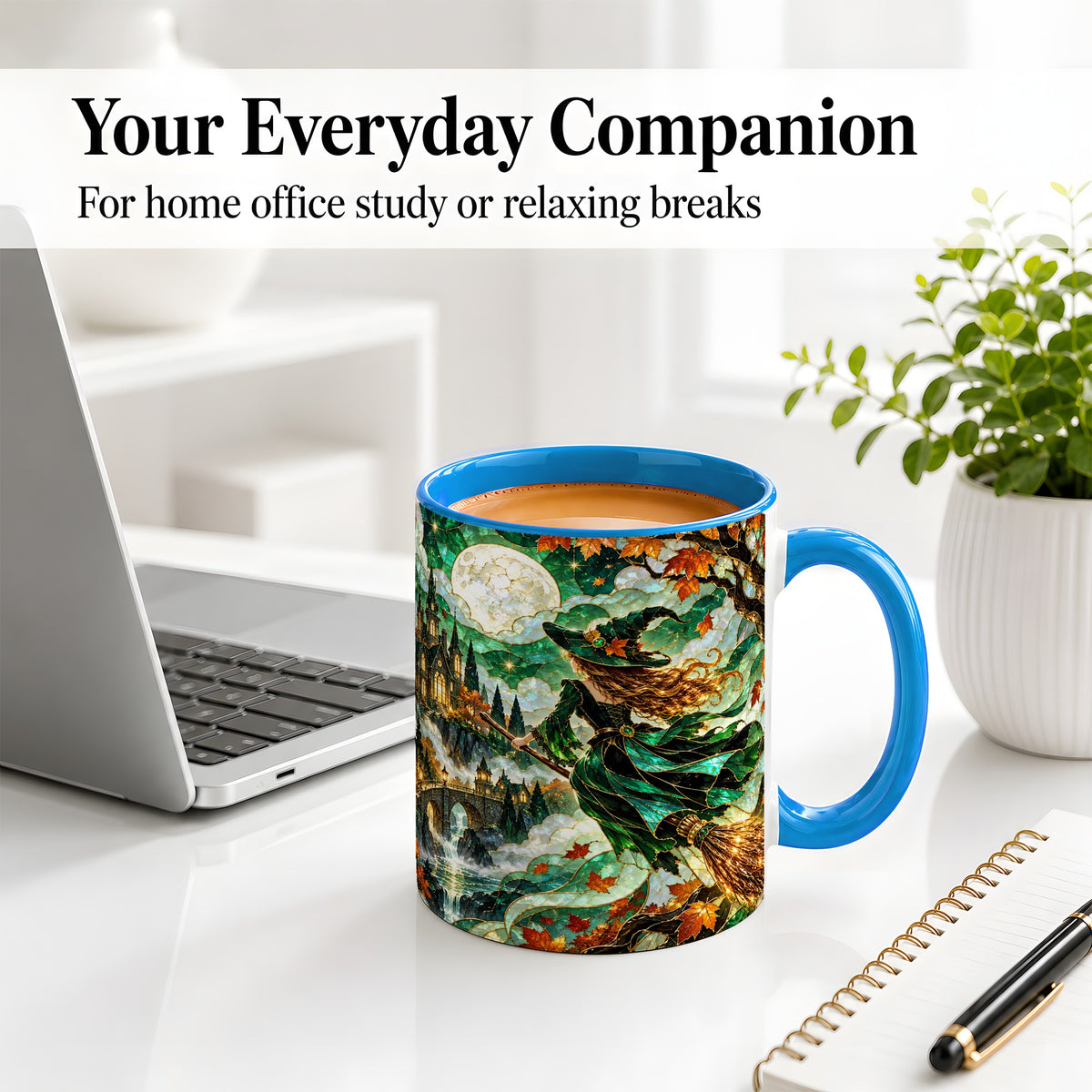 #pl[11oz|Blue] Autumn Witch Ceramic Mug with Moon, Castle and Fall Leaf Artwork