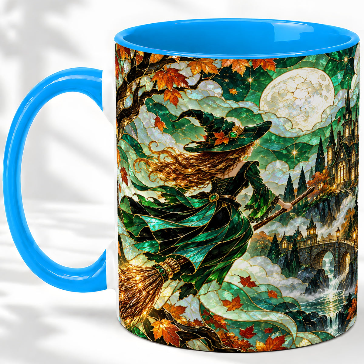 #pl[11oz|Blue] Autumn Witch Ceramic Mug with Moon, Castle and Fall Leaf Artwork