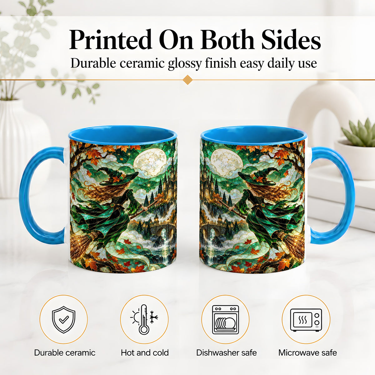 #pl[11oz|Blue] Autumn Witch Ceramic Mug with Moon, Castle and Fall Leaf Artwork