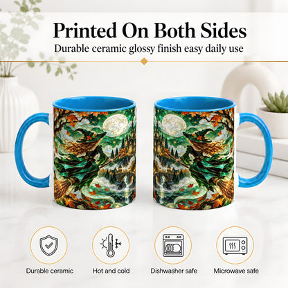 #pl[11oz|Blue] Autumn Witch Ceramic Mug with Moon, Castle and Fall Leaf Artwork