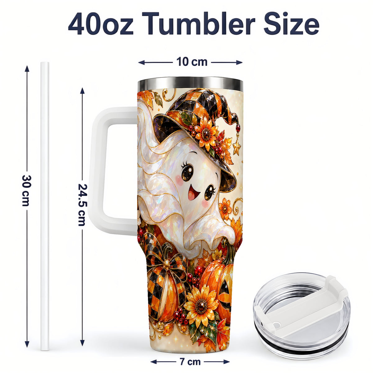 #pl[40oz|White] Cute Halloween Ghost 40oz Tumbler, Witch Hat Pumpkin Artwork