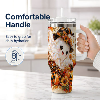 #pl[40oz|White] Cute Halloween Ghost 40oz Tumbler, Witch Hat Pumpkin Artwork
