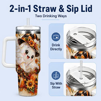 #pl[40oz|White] Cute Halloween Ghost 40oz Tumbler, Witch Hat Pumpkin Artwork