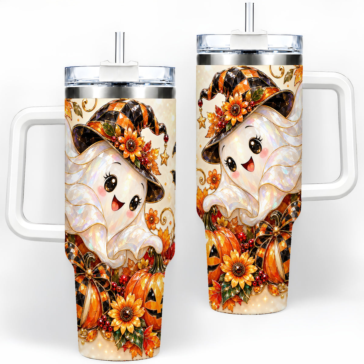 Cute Halloween Ghost 40oz Tumbler, Witch Hat Pumpkin Artwork