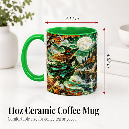 #pl[11oz|Green] Autumn Witch Ceramic Mug with Moon, Castle and Fall Leaf Artwork
