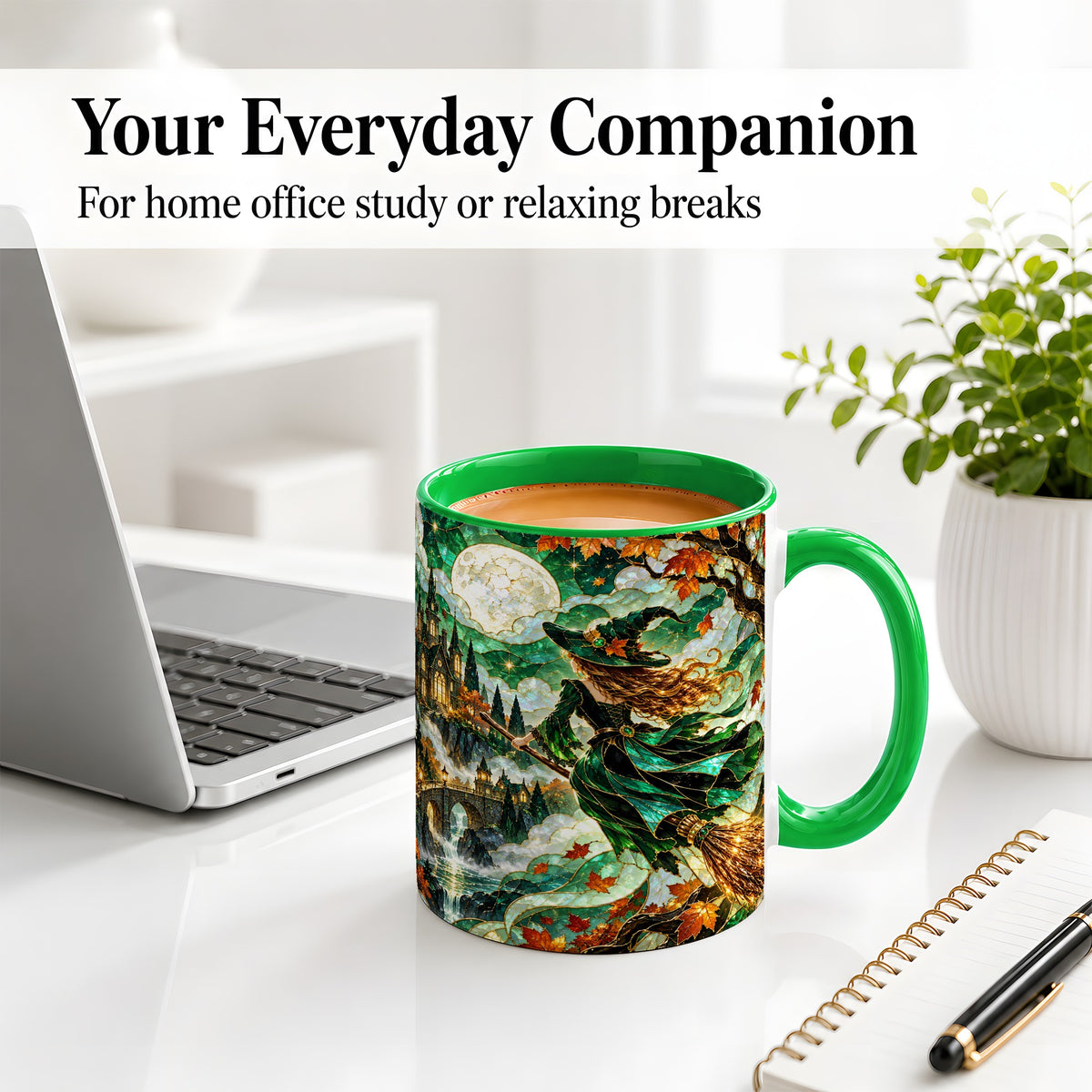 #pl[11oz|Green] Autumn Witch Ceramic Mug with Moon, Castle and Fall Leaf Artwork