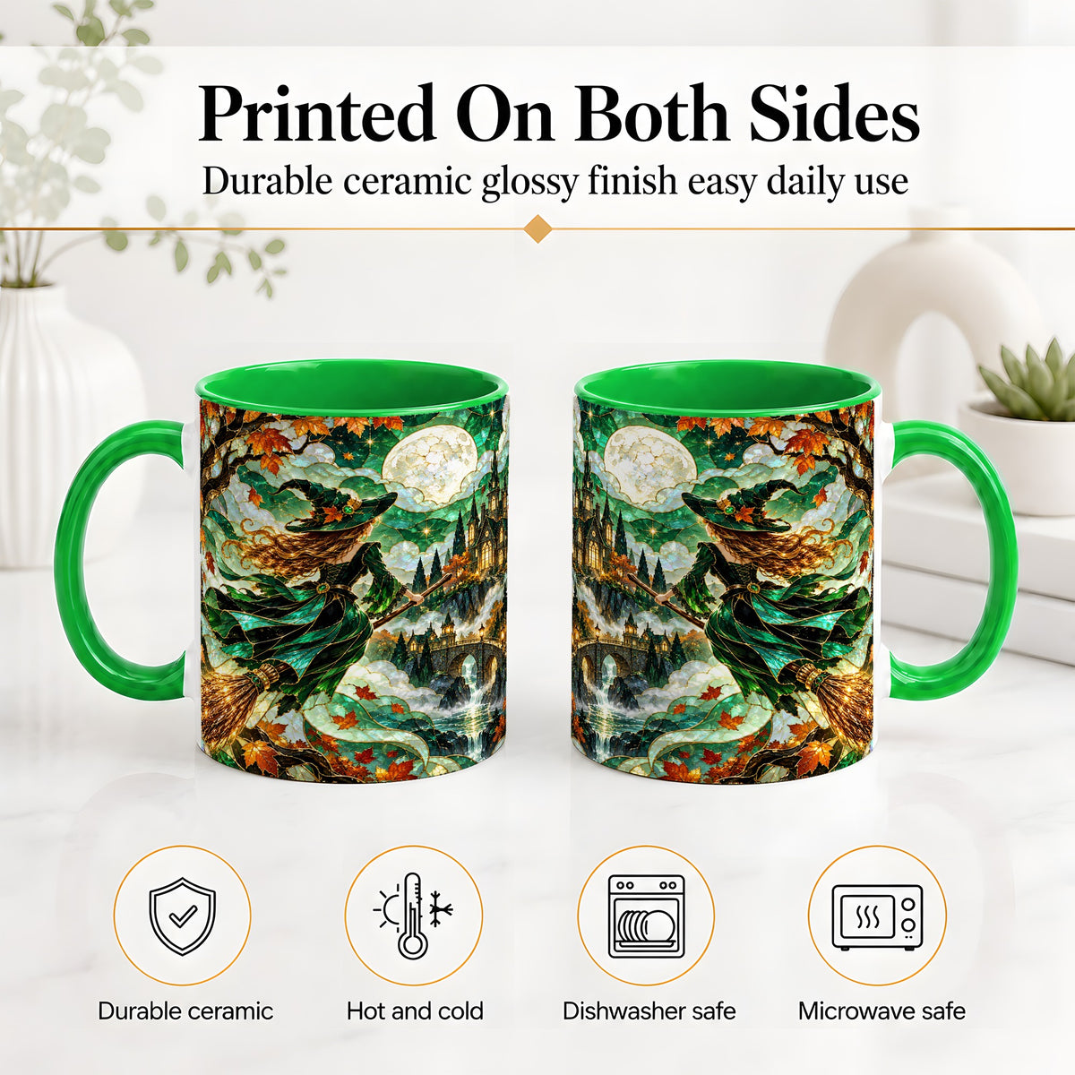 #pl[11oz|Green] Autumn Witch Ceramic Mug with Moon, Castle and Fall Leaf Artwork