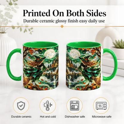 #pl[11oz|Green] Autumn Witch Ceramic Mug with Moon, Castle and Fall Leaf Artwork