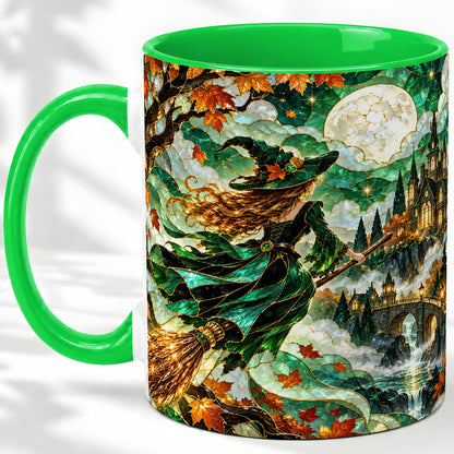 #pl[11oz|Green] Autumn Witch Ceramic Mug with Moon, Castle and Fall Leaf Artwork