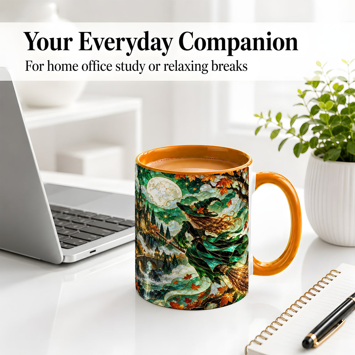 #pl[11oz|Orange] Autumn Witch Ceramic Mug with Moon, Castle and Fall Leaf Artwork