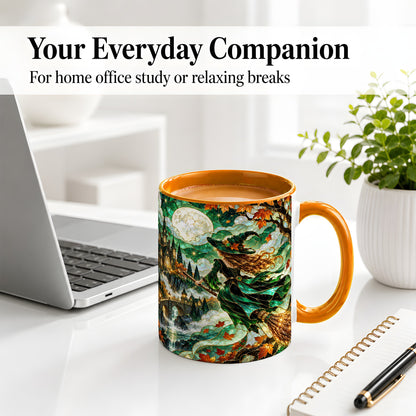 #pl[11oz|Orange] Autumn Witch Ceramic Mug with Moon, Castle and Fall Leaf Artwork
