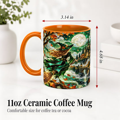 #pl[11oz|Orange] Autumn Witch Ceramic Mug with Moon, Castle and Fall Leaf Artwork